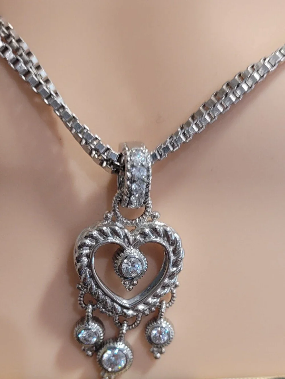 Judith Ripka, Rare Find,  Signature Textured Sterling Silver Heart-themed CZ 18